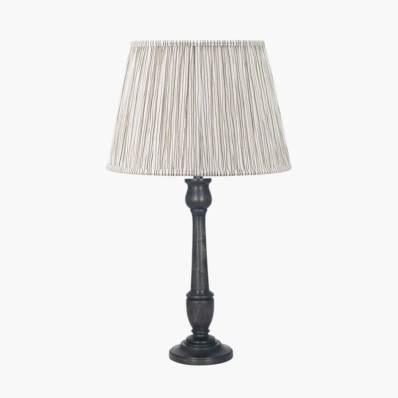 Captiva Antique Black Mango Wood Table Lamp Base with Thiago 35cm Natural Stripe Mushroom Pleat Tapered Lampshade