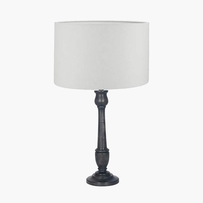 Captiva Antique Black Mango Wood Table Lamp Base with Lino 35cm White Self Lined Linen Cylinder Lampshade