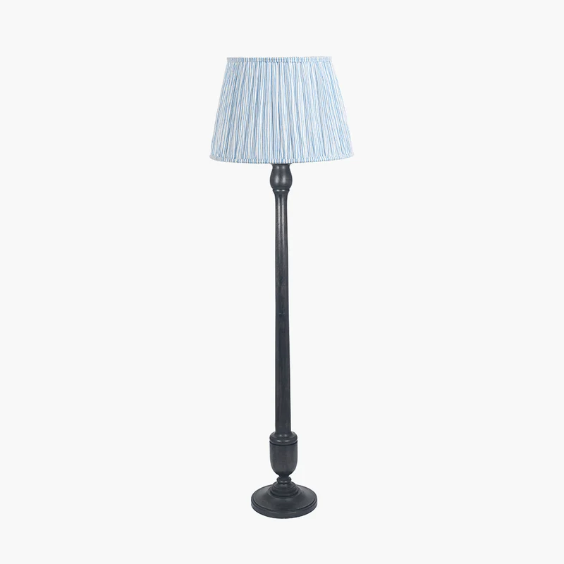 Captiva Antique Black Mango Wood Floor Lamp Base with Thiago 45cm Ocean Blue Stripe Mushroom Pleat Tapered Lampshade