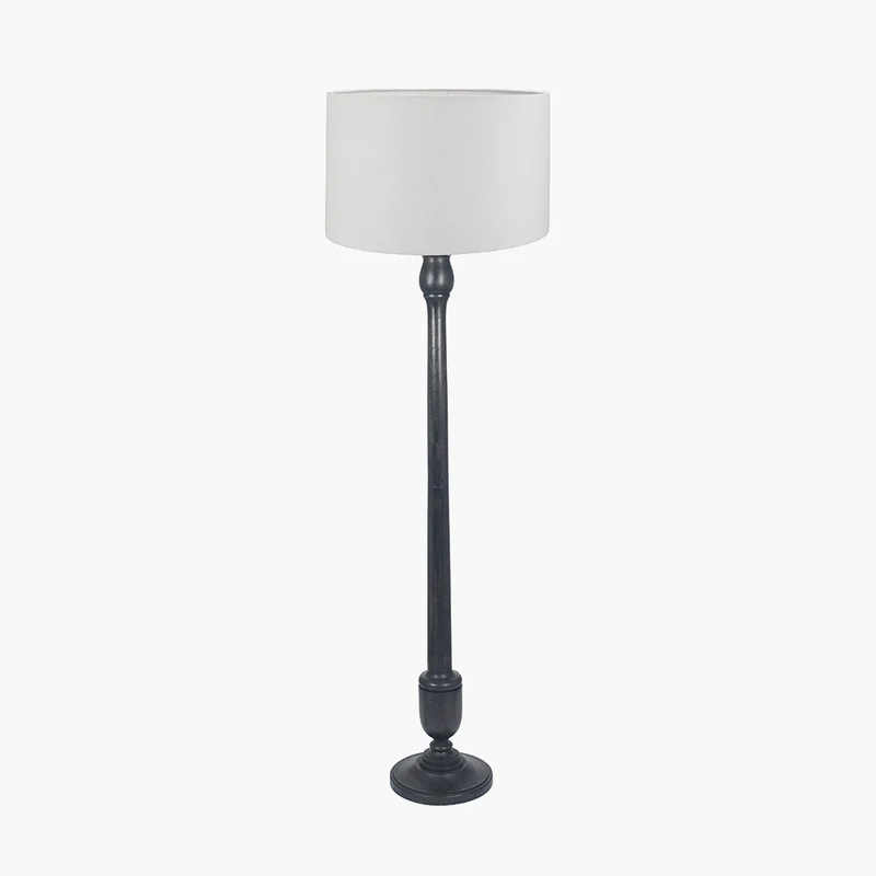 Captiva Antique Black Mango Wood Floor Lamp Base with Lino 45cm White Self Lined Linen Cylinder Lampshade