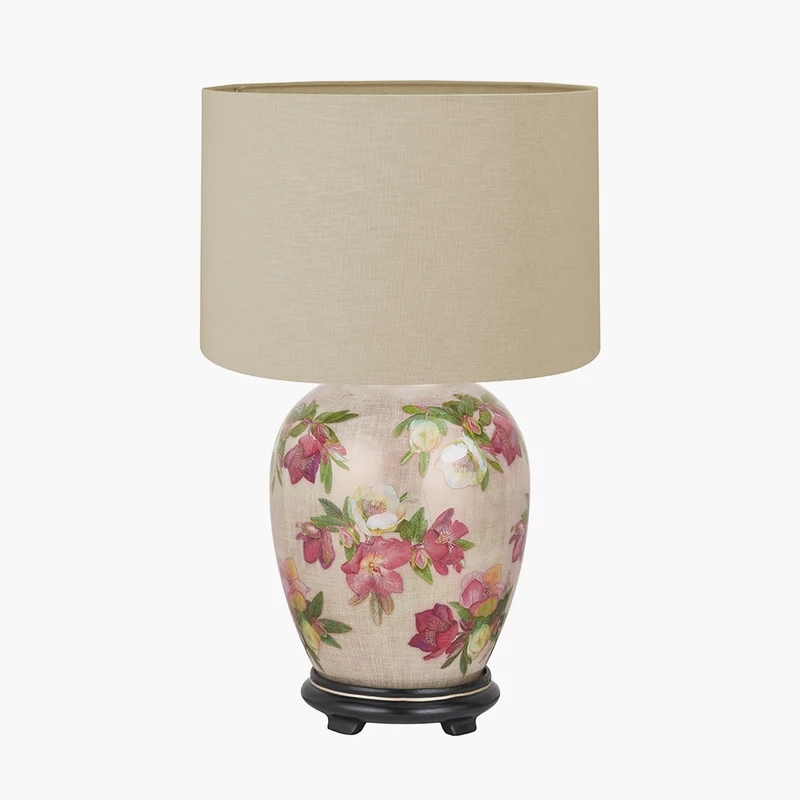 Hellebore Medium Glass Table Lamp Base with Lino 35cm Cream Self Lined Linen Cylinder Lampshade