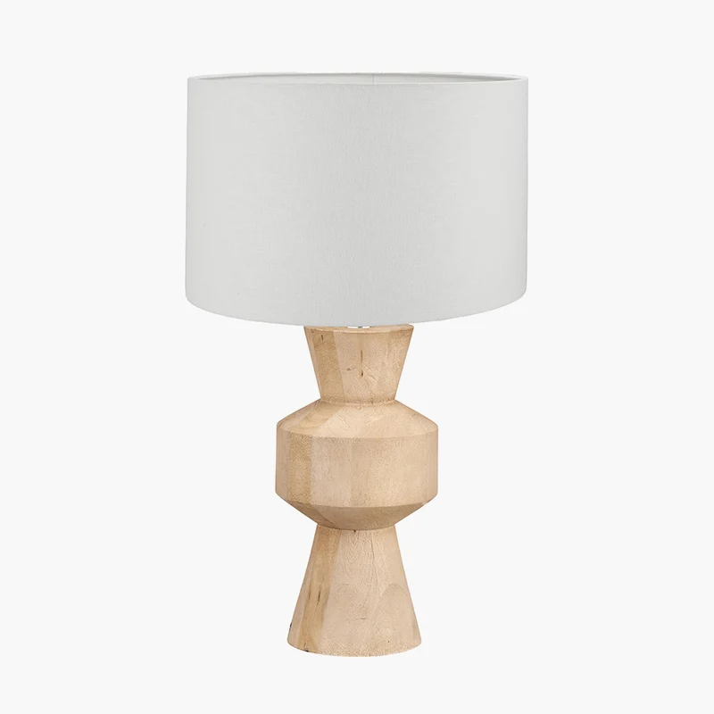 Koa Natural Mango Wood Contemporary Table Lamp Base with Lino 35cm White Self Lined Linen Cylinder Lampshade