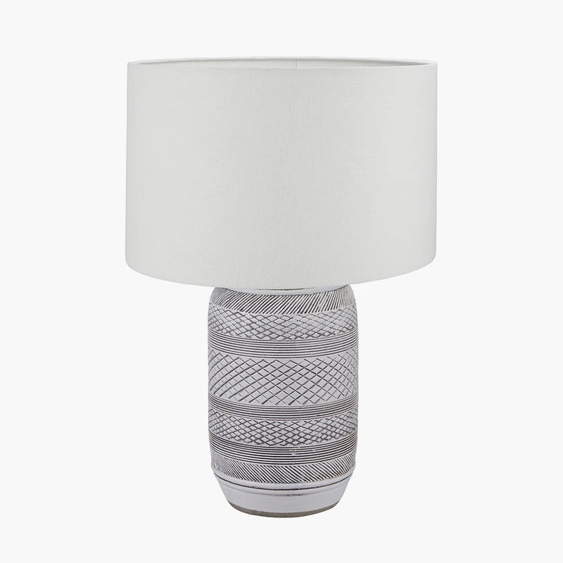 Kira White and Black Textured Stoneware Table Lamp Base with Lino 35cm White Self Lined Linen Cylinder Lampshade