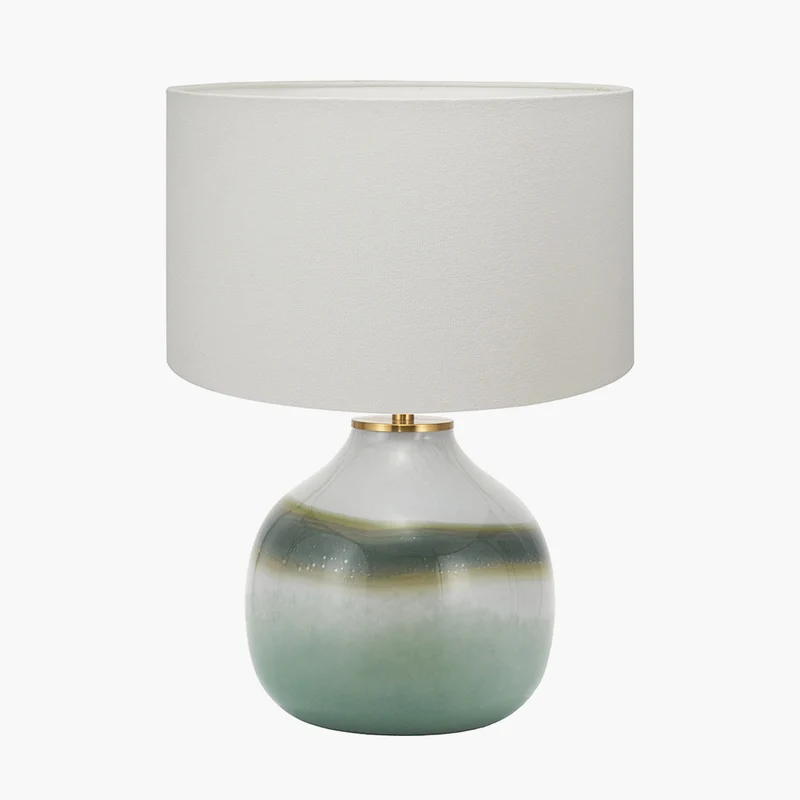 Juno Sage and Mist Ombre Glass Table Lamp with Henry 30cm White Handloom Cylinder Lampshade