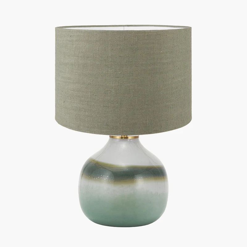 Juno Sage and Mist Ombre Glass Table Lamp with Edward 30cm Pistachio Green Linen Cylinder Lampshade