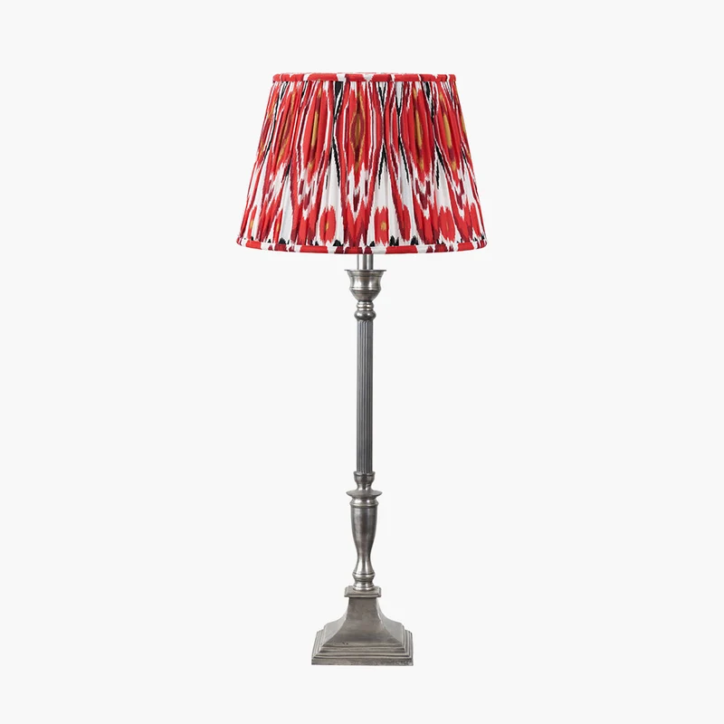 Canterbury Antique Silver Metal Table Lamp Base with Izara 35cm Red Ikat Patterned Mushroom Pleat Tapered Lampshade