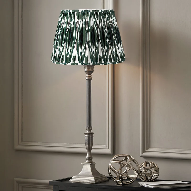 Canterbury Antique Silver Metal Table Lamp Base with Izara 35cm Racing Green Ikat Patterned Mushroom Pleat Tapered Lampshade