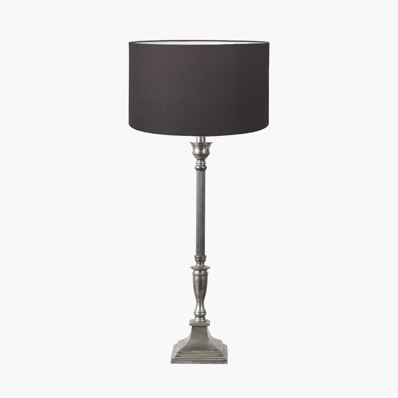 Canterbury Antique Silver Metal Table Lamp Base with Henry 30cm Grey Handloom Cylinder Lampshade