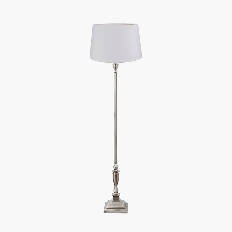 Canterbury Antique Silver Metal Floor Lamp Base with Winston 45cm White Handloom Tapered Lampshade
