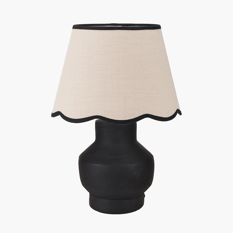 Inna Black Urn Terracotta Table Lamp Base with Tabitha 35cm Cream Jute Scalloped Edge Tapered Lamp Shade with Contrast Binding