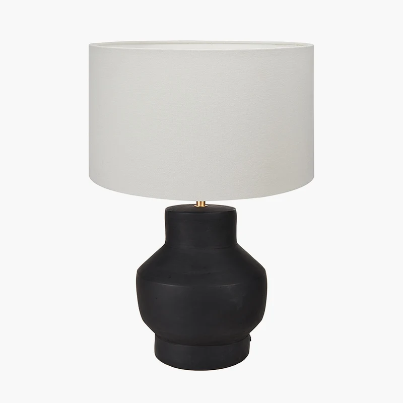 Inna Black Urn Terracotta Table Lamp Base with Henry 35cm White Handloom Cylinder Lampshade