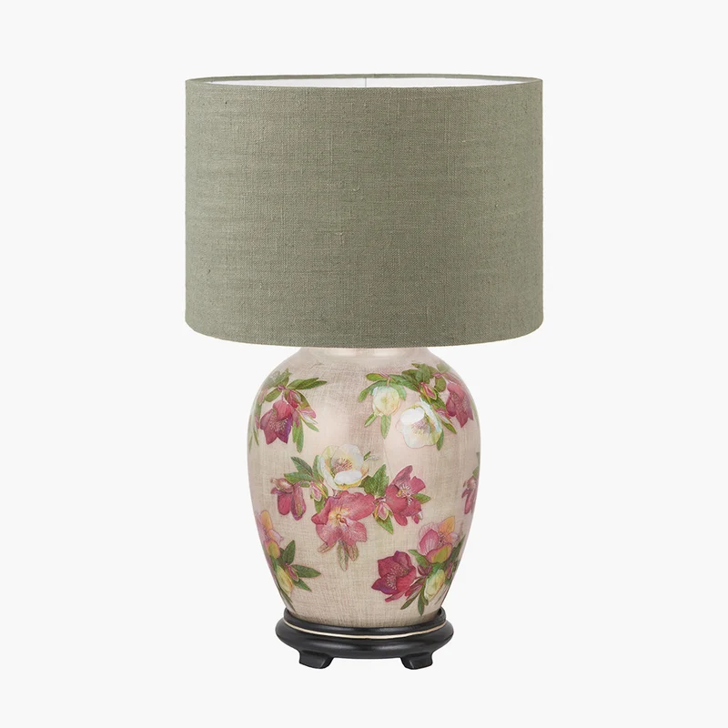 Hellebore Medium Glass Table Lamp Base with Edward 35cm Pistachio Green Linen Cylinder Lampshade