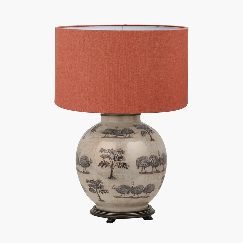 Guinea Fowl Large Glass Table Lamp Base with Henry 40cm Tobacco Handloom Cylinder Lampshade