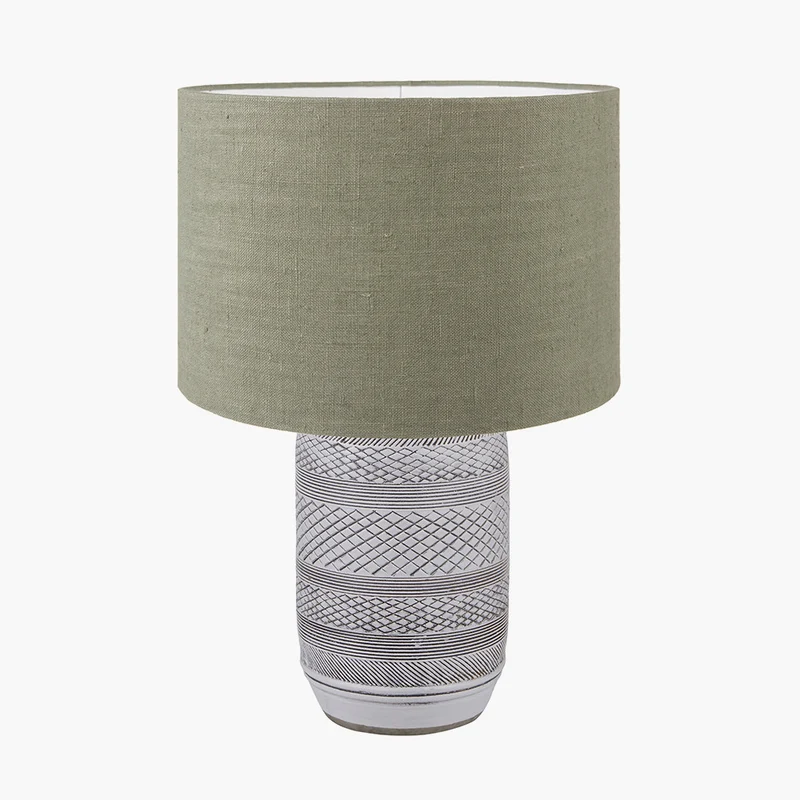 Kira White and Black Textured Stoneware Table Lamp Base with Edward 35cm Pistachio Green Linen Cylinder Lampshade
