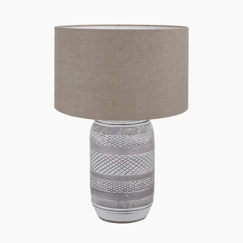 Kira White and Black Textured Stoneware Table Lamp Base with Edward 35cm Natural Linen Cylinder Lampshade