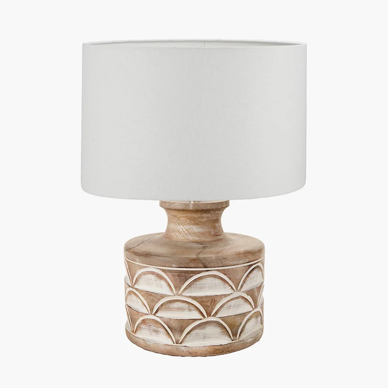 Kingsbury White Wash Large Carved Wood Table Lamp Base with Lino 40cm White Self Lined Linen Cylinder Lampshade