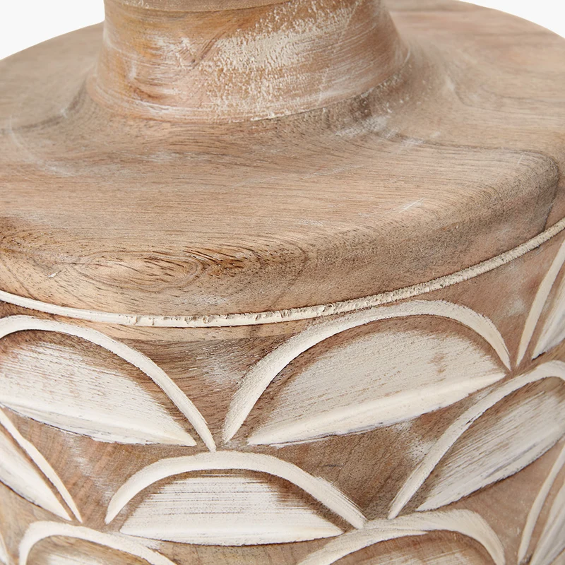 Kingsbury White Wash Large Carved Wood Table Lamp Base with Lino 40cm Cream Self Lined Linen Cylinder Lampshade
