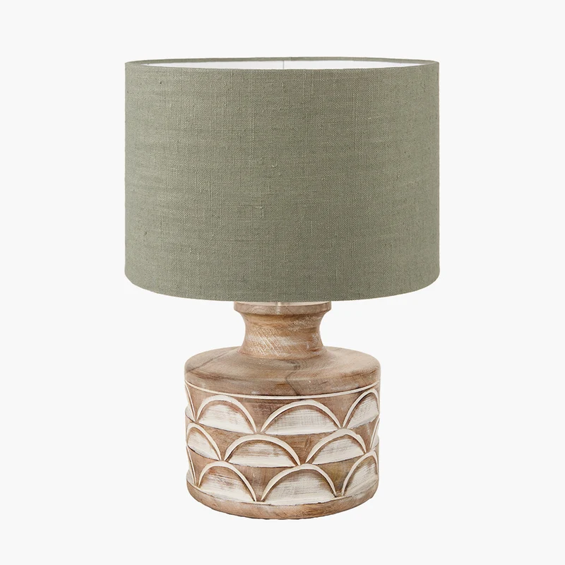 Kingsbury White Wash Large Carved Wood Table Lamp Base with Edward 40cm Pistachio Green Linen Cylinder Lampshade