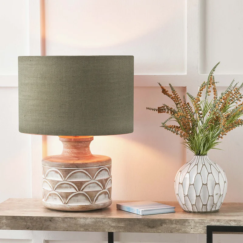 Kingsbury White Wash Large Carved Wood Table Lamp Base with Edward 40cm Pistachio Green Linen Cylinder Lampshade