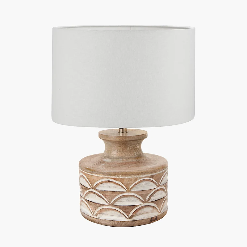 Kingsbury White Wash Carved Wood Table Lamp Base with Lino 30cm White Self Lined Linen Cylinder Lampshade