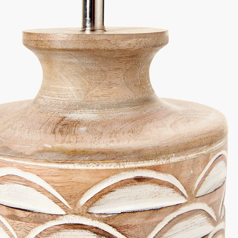 Kingsbury White Wash Carved Wood Table Lamp Base with Lino 30cm White Self Lined Linen Cylinder Lampshade
