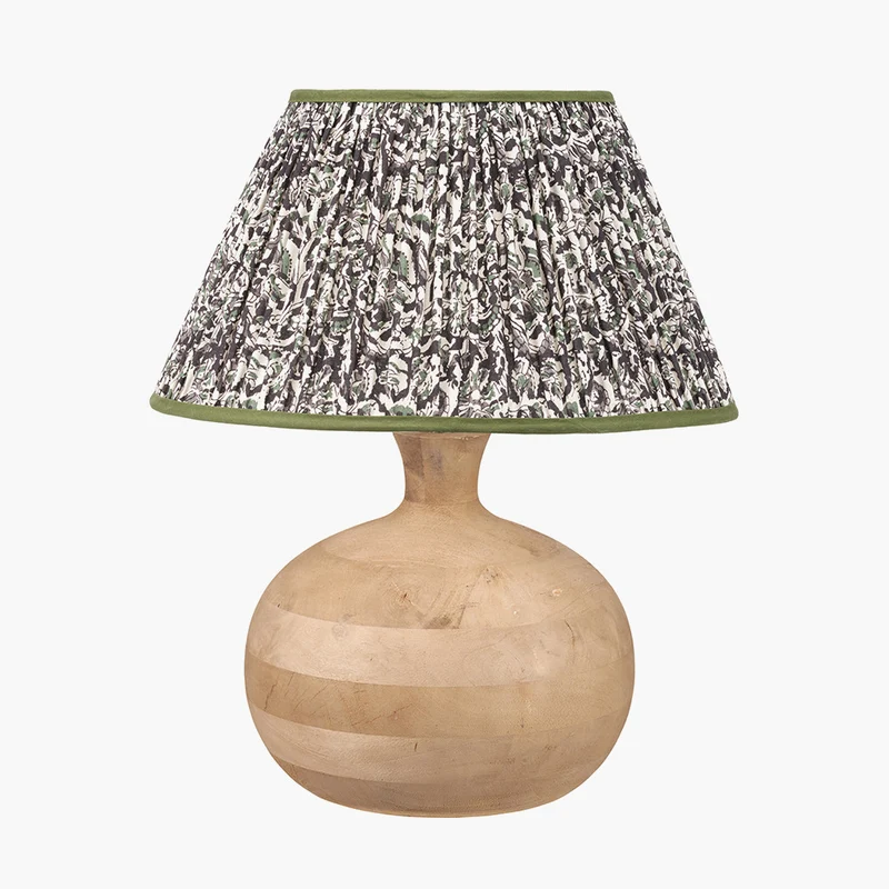 Kiah Natural Mango Wood Round Table Lamp Base with Ornella 45cm Green Floral Design Mushroom Pleat Empire Lamp Shade