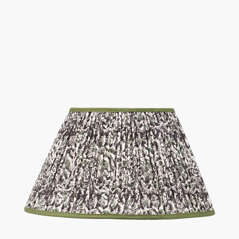 Kiah Natural Mango Wood Round Table Lamp Base with Ornella 45cm Green Floral Design Mushroom Pleat Empire Lamp Shade