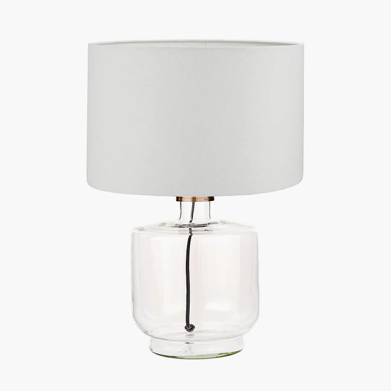 Josie Clear Glass and Antique Brass Metal Table Lamp Base with Lino 30cm White Self Lined Linen Cylinder Lampshade