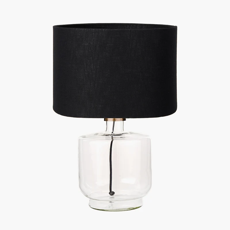 Josie Clear Glass and Antique Brass Metal Table Lamp Base with Lino 30cm Black Self Lined Linen Cylinder Lampshade