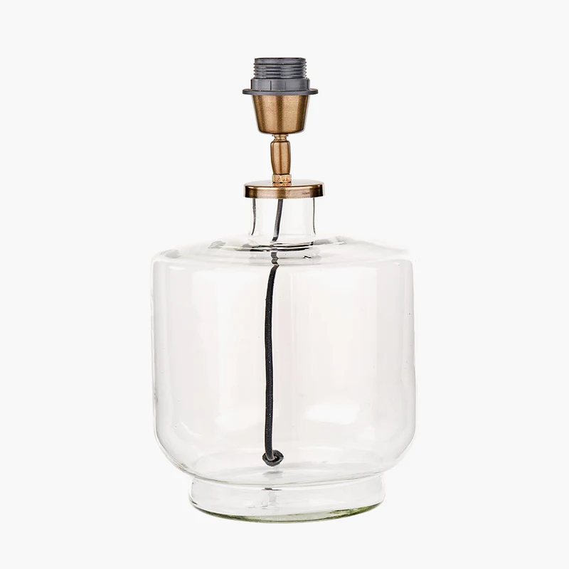 Josie Clear Glass and Antique Brass Metal Table Lamp Base with Lino 30cm Black Self Lined Linen Cylinder Lampshade