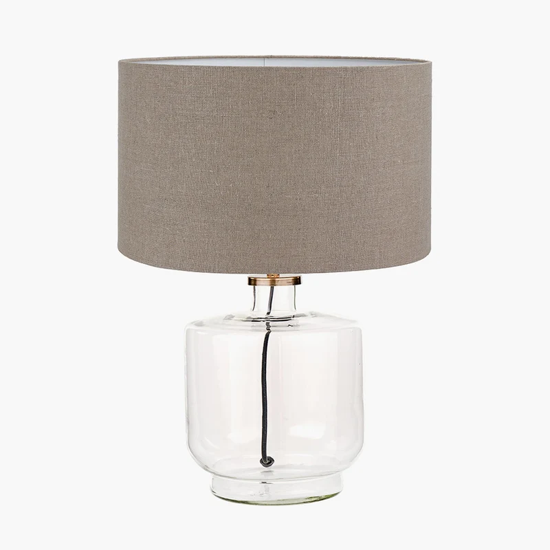 Josie Clear Glass and Antique Brass Metal Table Lamp Base with Edward 30cm Natural Linen Cylinder Lampshade