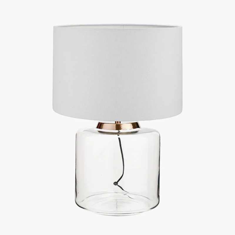 Josie Clear Glass and Antique Brass Metal Large Table Lamp Base with Lino 45cm White Self Lined Linen Cylinder Lampshade