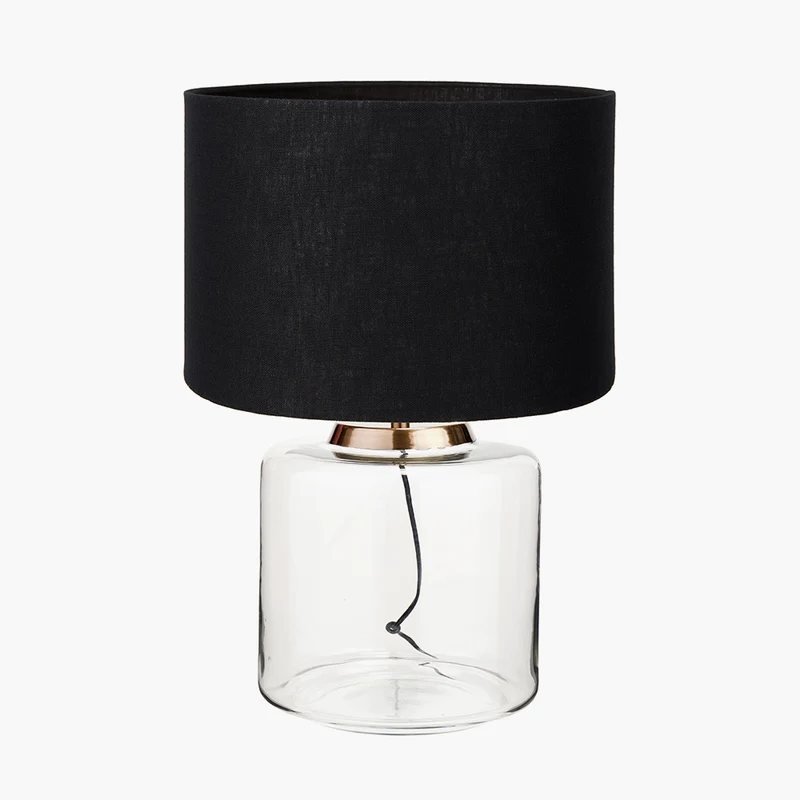 Josie Clear Glass and Antique Brass Metal Large Table Lamp Base with Lino 45cm Black Self Lined Linen Cylinder Lampshade
