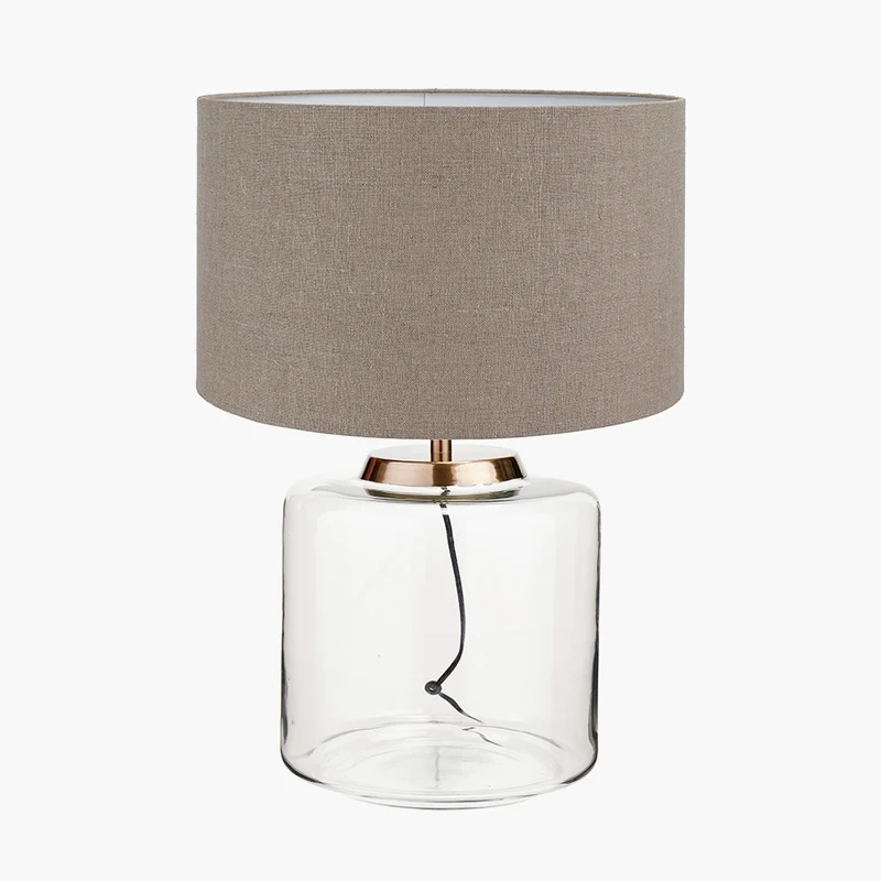 Josie Clear Glass and Antique Brass Metal Large Table Lamp Base with Edward 45cm Natural Linen Cylinder Lampshade