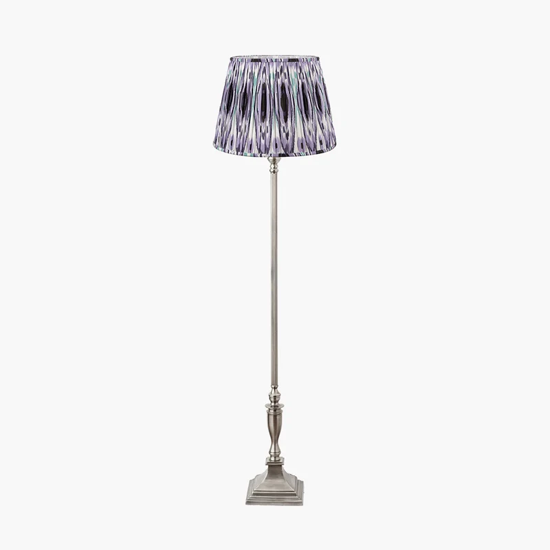 Canterbury Antique Silver Metal Floor Lamp Base with Izara 45cm Lilac Ikat Patterned Mushroom Pleat Tapered Lampshade