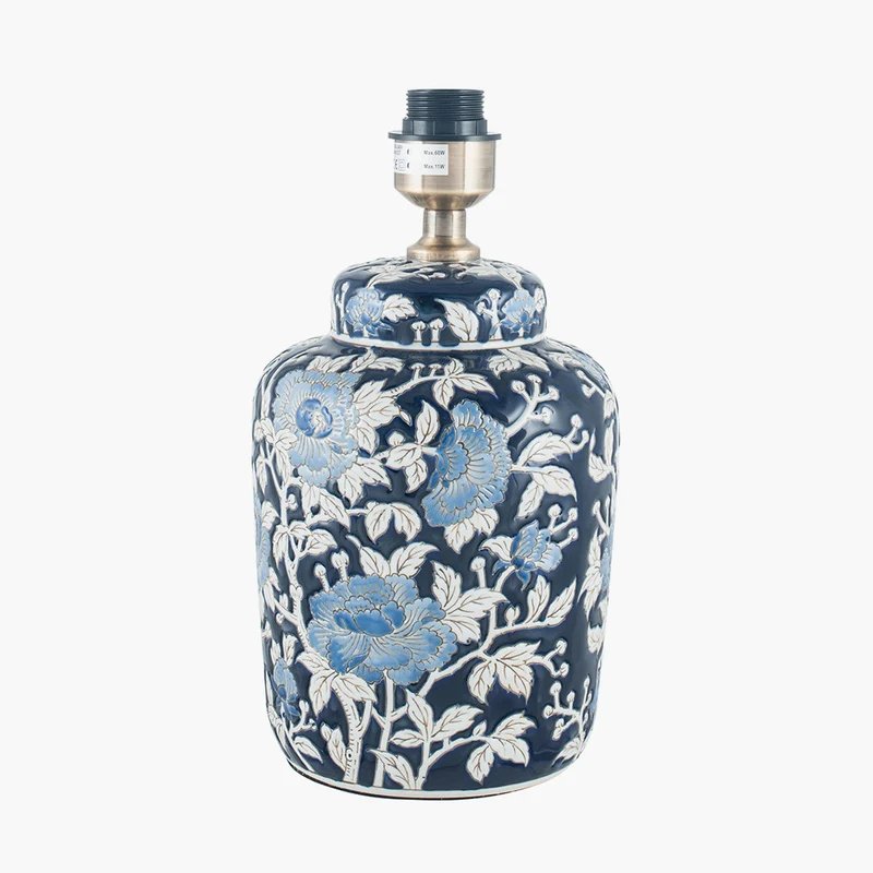 Fleur Blue Floral Ceramic Table Lamp Base with Milos 35cm Natural Linen Tapered Lampshade