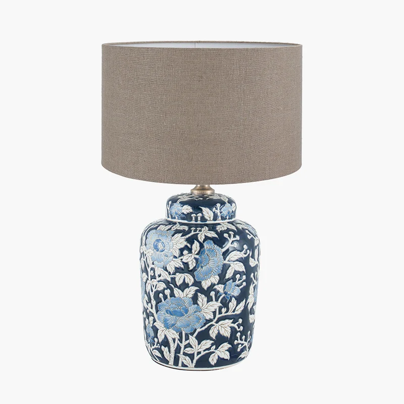 Fleur Blue Floral Ceramic Table Lamp Base with Edward 30cm Natural Linen Cylinder Lampshade