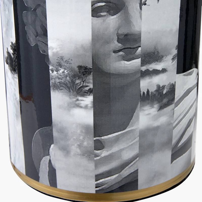 Fenella Black and White Photographic Design Table Lamp Base with Stellan 35cm Gold Slubbed Silk Mix Gold Lined Cylinder Lampshade