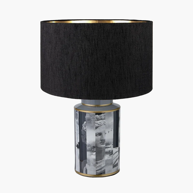 Fenella Black and White Photographic Design Table Lamp Base with Stellan 35cm Black Slubbed Silk Mix Gold Lined Cylinder Lampshade