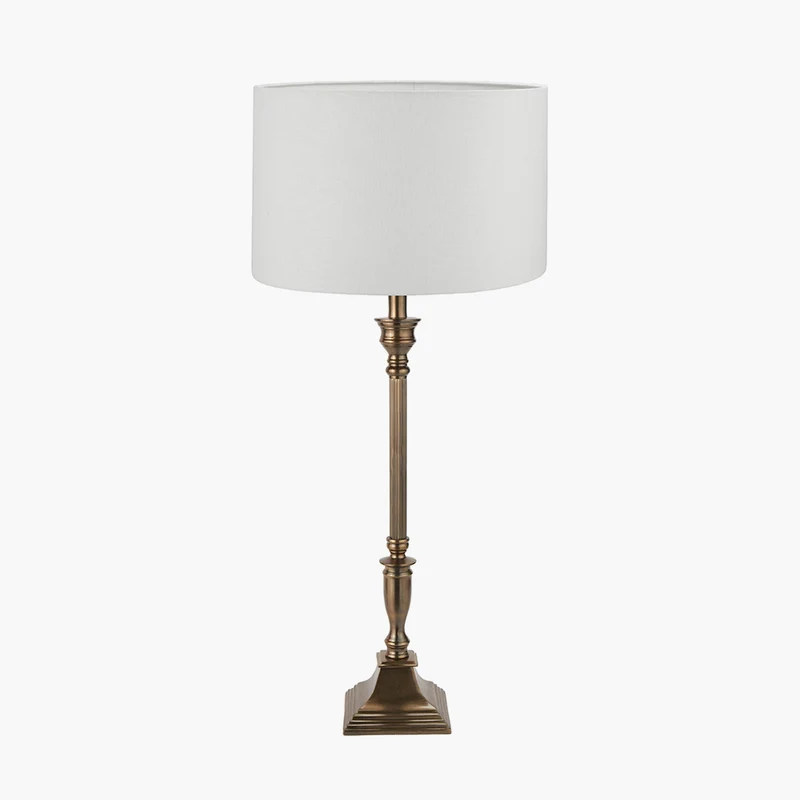 Canterbury Antique Brass Metal Table Lamp Base with Lino 40cm White Self Lined Linen Cylinder Lampshade
