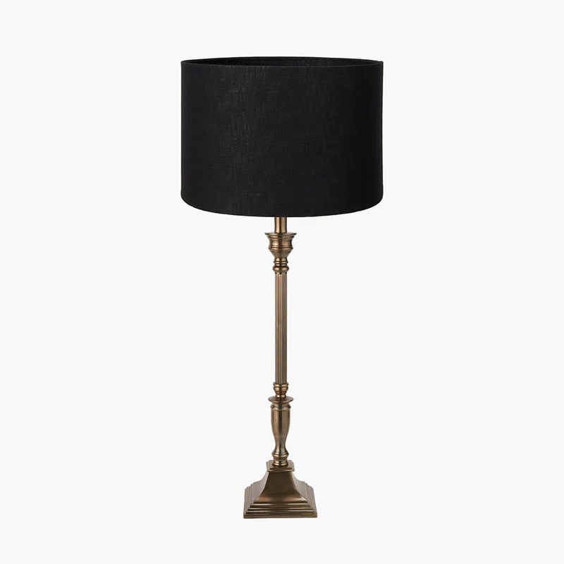 Canterbury Antique Brass Metal Table Lamp Base with Lino 40cm Black Self Lined Linen Cylinder Lampshade