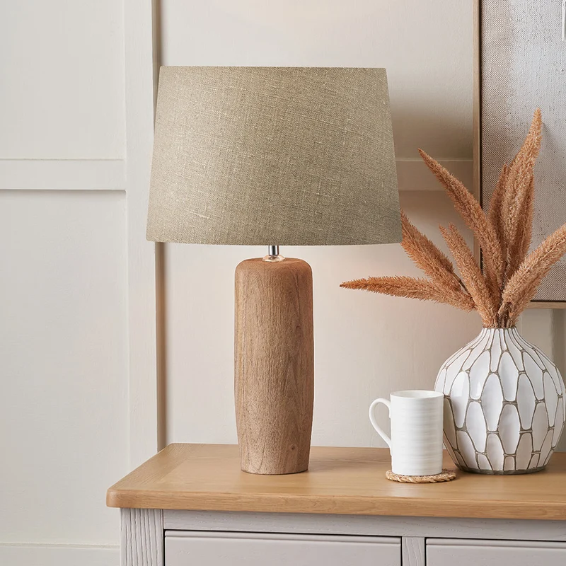 Inaya Natural Tapered Wood Table Lamp Base with Milos 35cm Natural Linen Tapered Lampshade
