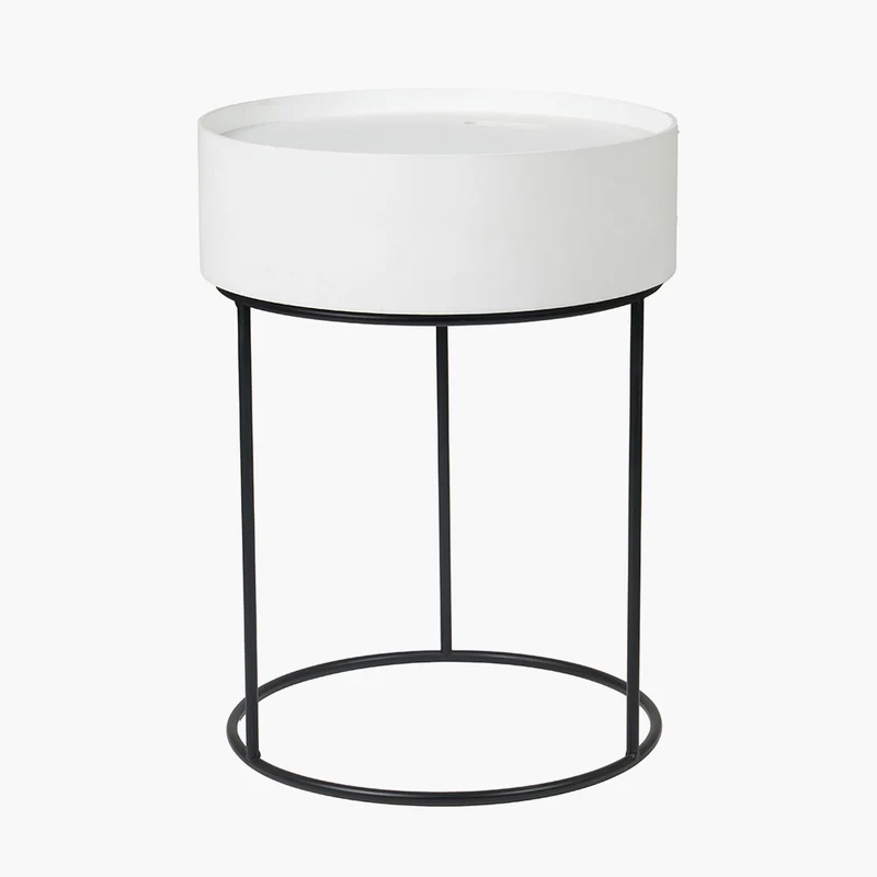 Hugo White Wood Veneer and Black Metal Storage Table