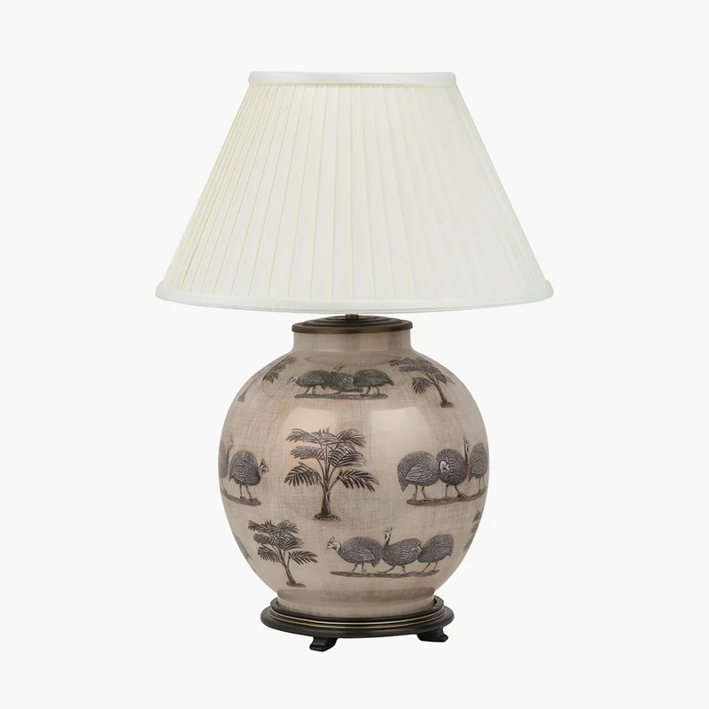 Guinea Fowl Large Glass Table Lamp Base with Bacall 45cm Almond Silk Knife Pleat Empire Lampshade