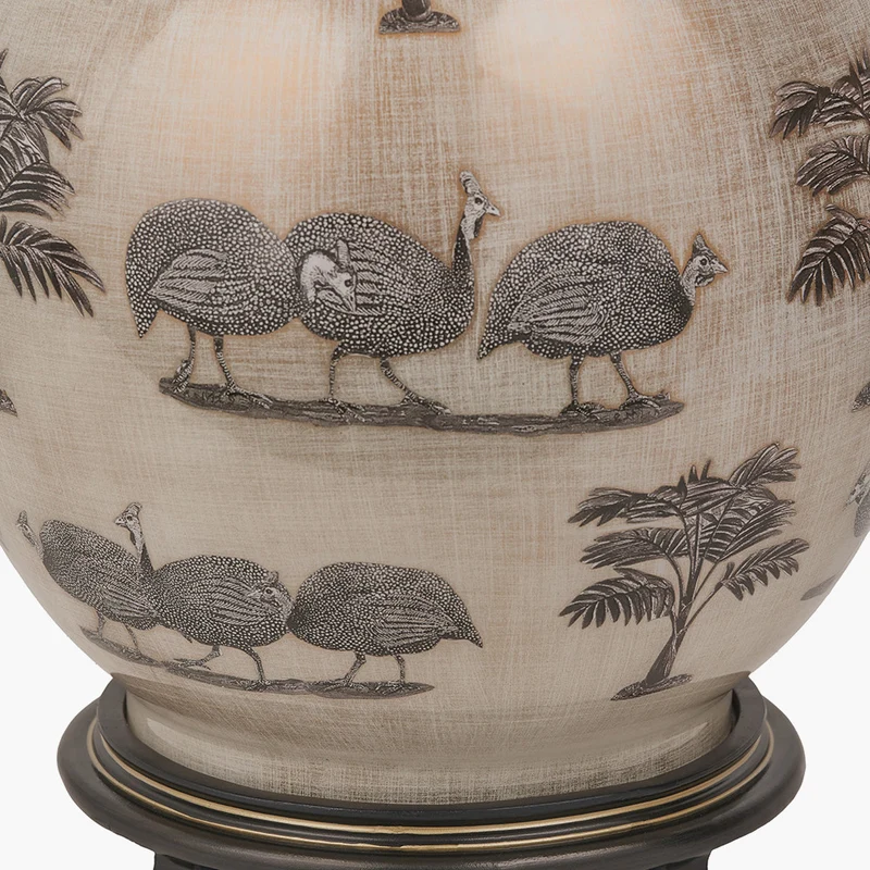 Guinea Fowl Large Glass Table Lamp Base with Bacall 45cm Almond Silk Knife Pleat Empire Lampshade