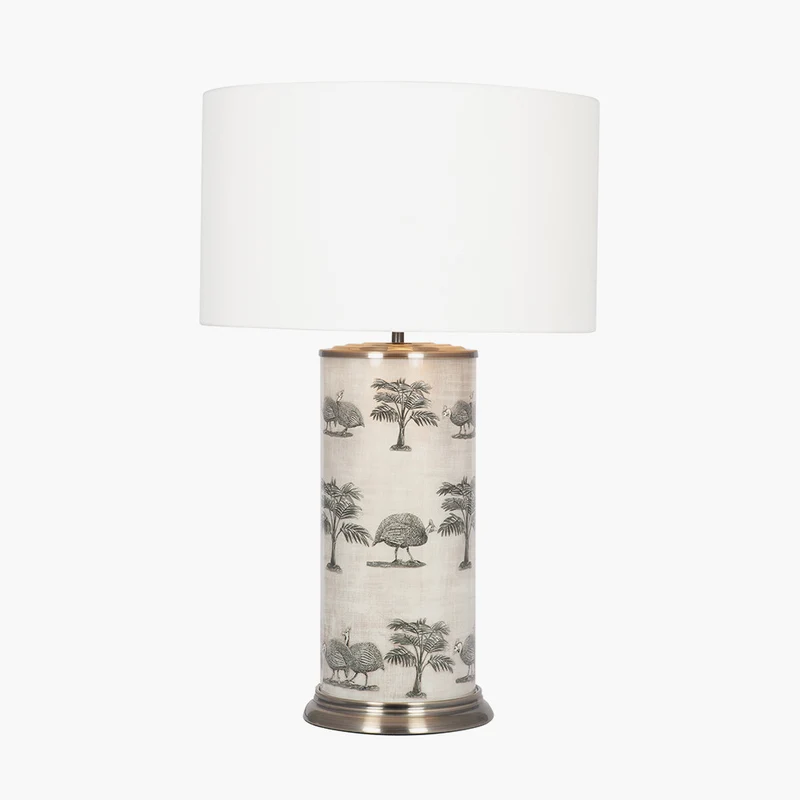 Guinea Fowl Large Cylinder Glass Table Lamp Base with Henry 40cm White Handloom Cylinder Lampshade
