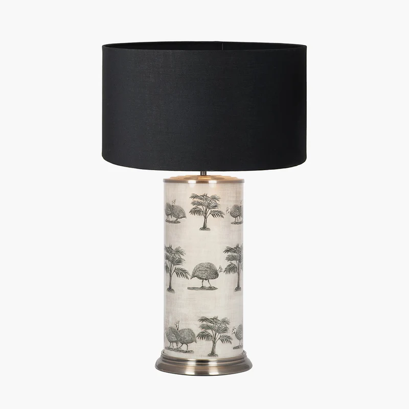 Guinea Fowl Large Cylinder Glass Table Lamp Base with Harry 40cm Black Cotton Mix Cylinder Lampshade