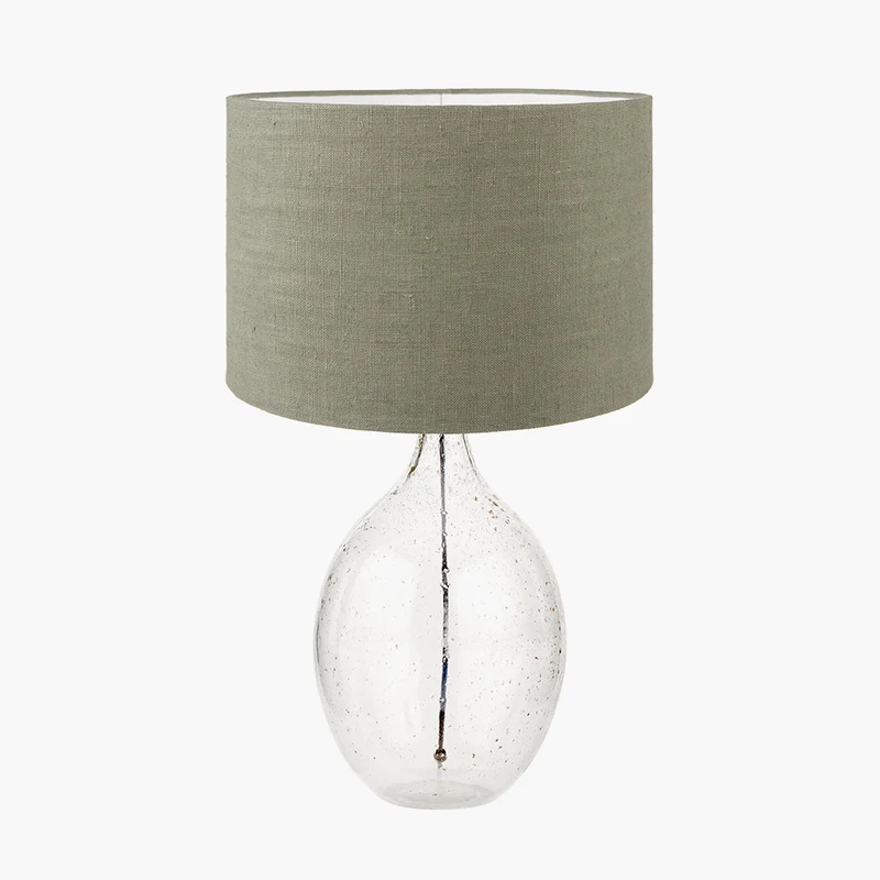 Elysia Bubble Glass and Silver Metal Curved Table Lamp Base with Edward 40cm Pistachio Green Linen Cylinder Lampshade