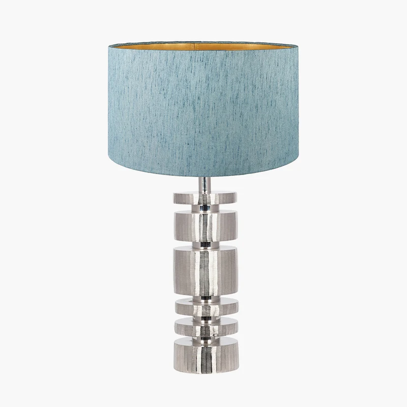 Elon Silver Metal Stacked Cylinder Table Lamp Base with Stellan 35cm Duck Egg Slubbed Silk Mix Gold Lined Cylinder Lampshade