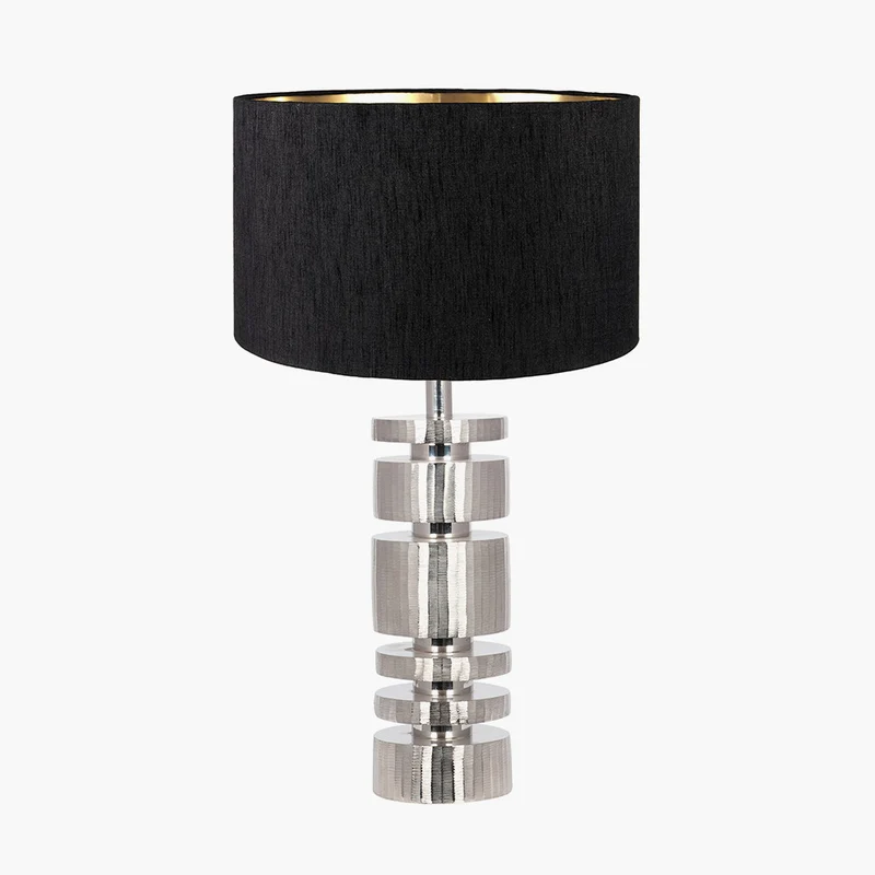 Elon Silver Metal Stacked Cylinder Table Lamp Base with Stellan 35cm Black Slubbed Silk Mix Gold Lined Cylinder Lampshade